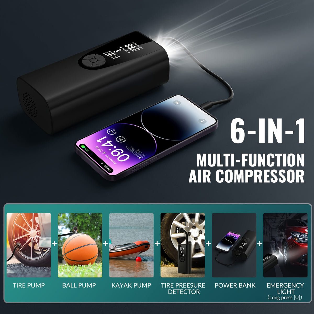 Tire Inflator Portable Air Compressor, 150PSI Air Pump for Car Tires with 25000mAh Battery, One Click Smart Air Pump Tire Inflator for Car, Motorcycle, Bicycle And More with Tire Pressure Gauge
