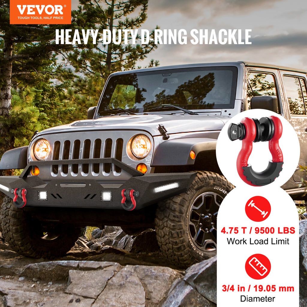 VEVOR 3/4" D-Ring Shackle, 2 Pack Alloy Steel Shackles 62832 lbs (28.5 Ton) Break Strength with 7/8" Screw Pin, Isolators & Washers, Heavy Duty Off Road Vehicle Recovery Shackle for Jeep Truck,Orange/Black/Red