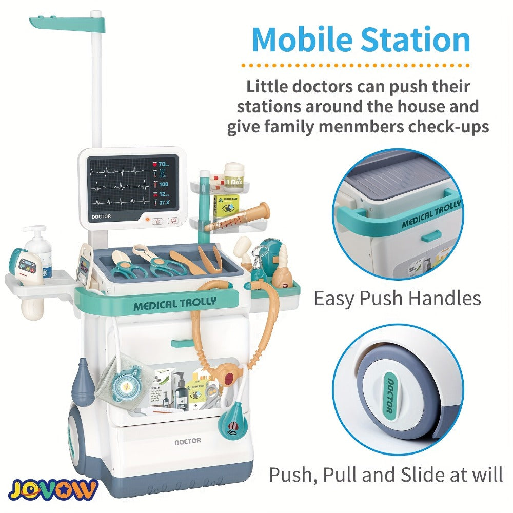 Kids Doctor Kit with Medical Cart Set – Movable Toy Trolley, Stethoscope, Thermometer & Accessories | Doctor Nurse Role Play Toy for Boys & Girls Ages 3 4 5 6, Birthday & Christmas Gift