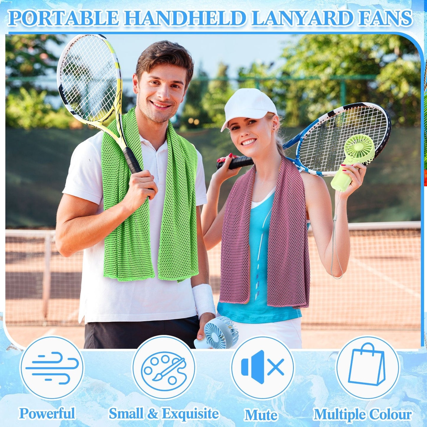 Portable Cooling Towel & Handheld Fan Set 24-Pack – Mini Ice Towels with Fans for Sports, Gym, Yoga, Travel & Camping, Multicolor Reusable Chilling Cloth & Fan Combo, Summer Heat Relief Kit