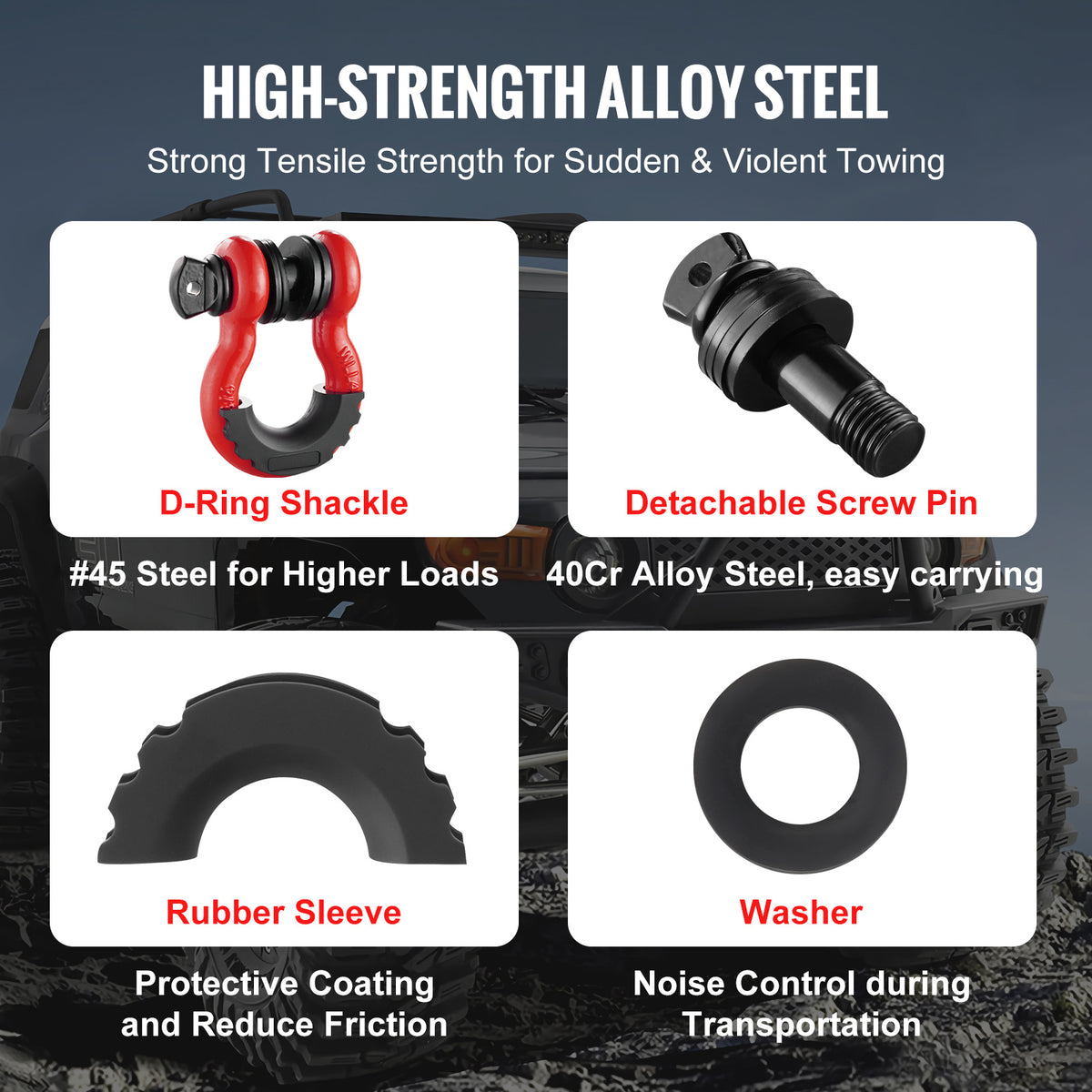 VEVOR 3/4" D-Ring Shackle, 2 Pack Alloy Steel Shackles 62832 lbs (28.5 Ton) Break Strength with 7/8" Screw Pin, Isolators & Washers, Heavy Duty Off Road Vehicle Recovery Shackle for Jeep Truck,Orange/Black/Red