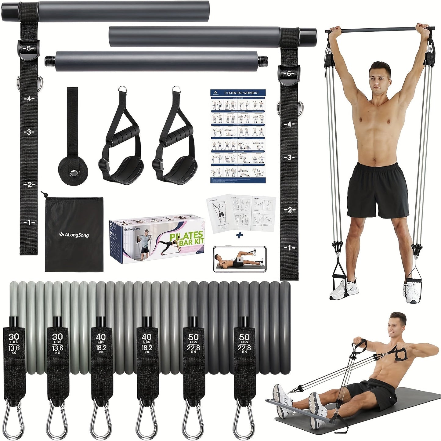 Natural Latex Pilates Bar Kit with Resistance Bands 20-360 lbs – Stainless Steel Handle, Adjustable Length for 5'3"-6'2", Full Body Home Gym Workout for Women & Men