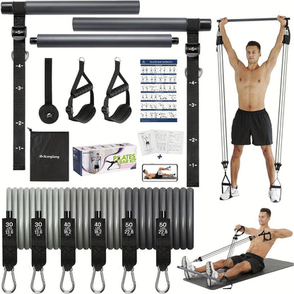 Natural Latex Pilates Bar Kit with Resistance Bands 20-360 lbs – Stainless Steel Handle, Adjustable Length for 5'3"-6'2", Full Body Home Gym Workout for Women & Men