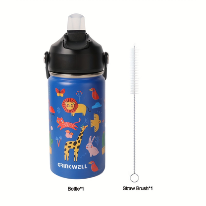 Insulated Stainless Steel Water Cup with Straw | 12oz 340ml, 3D Cartoon Pattern, Double Wall, Handle & Straw Brush – Travel, School & Outdoor
