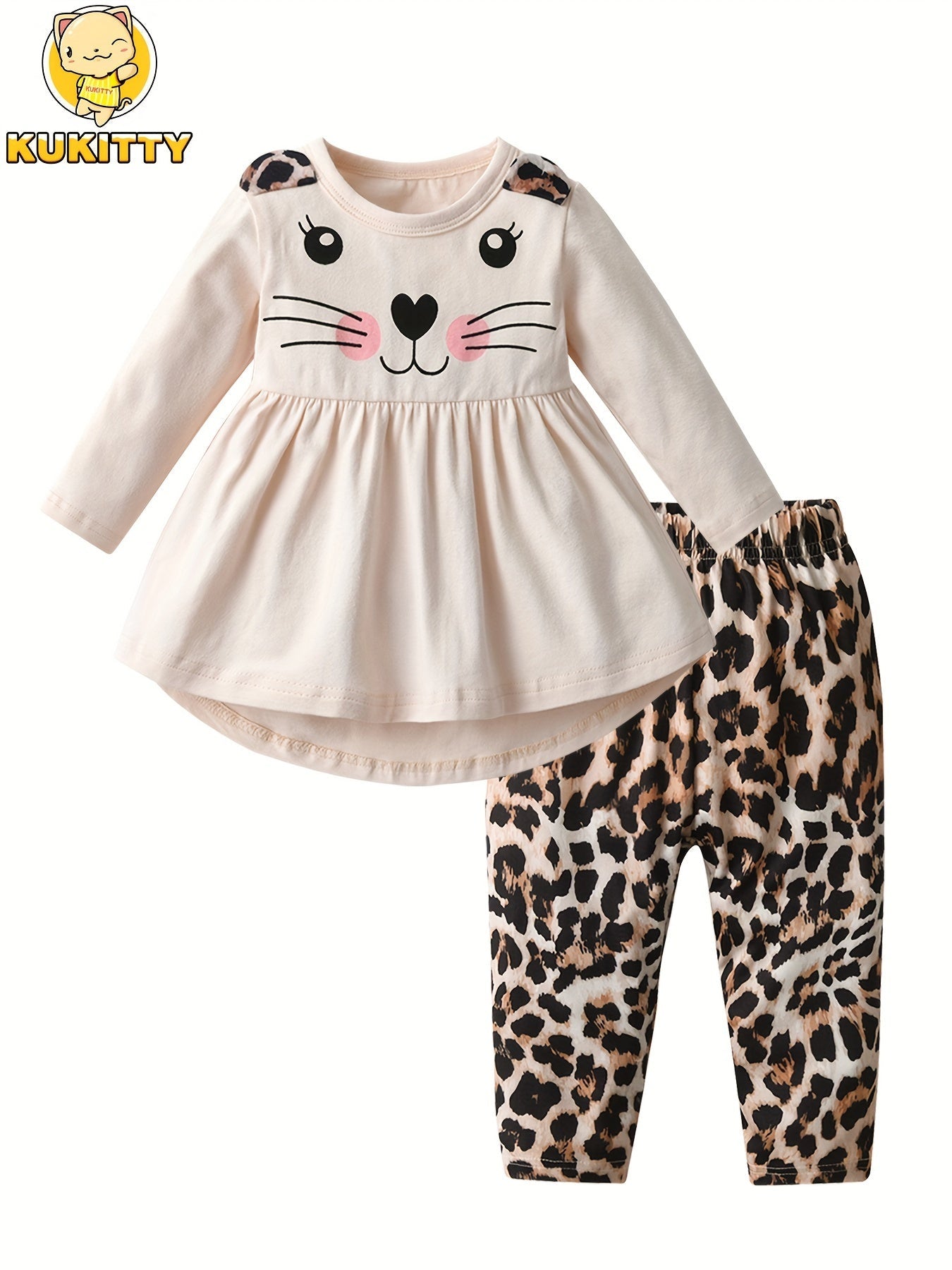 Baby Girl Two-Piece Outfit Set - Cat Print Ruffle Everyday Matching Look 41413