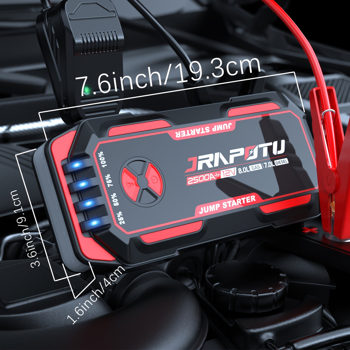 Portable Car Jump Starter, 2500A Peak Battery Jumper Starter Portable, Jump Box for Car Battery, 12V Portable Jump Starter for 2.11gal Gas & 1.85gal Diesel Cars with USB Ports & LED Flashlight, Car Battery Charger Jump Starter, Battery Starter