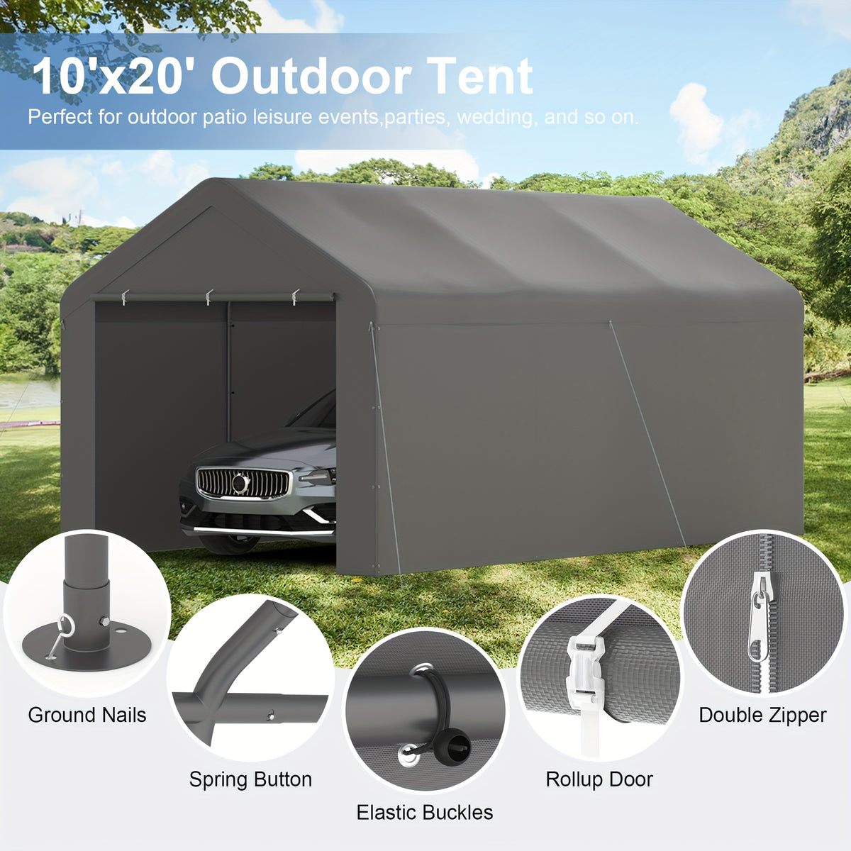 Carport Tent Car Ports Party Tent Heavy Duty Car Tent Car Shelter 10x20 Portable Garage Metal Storage Shelter Outdoor Event Tent Sun Shade with Removable Sidewalls & Doors, 230g Water-resistant PE Cover