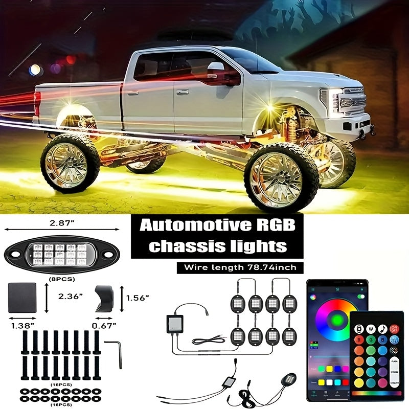 8pcs And 4pcs - 15 LED/8 Pods Metal Alloy Upgraded LED Rock Lights, Suitable for Trucks, RGB LED Rock Lights with APP/music Mode, Suitable for Jeeps, Trucks, UTVs, SUVs And Golf Carts, Neon Light Chassis Kits for Backlights, Car Accessories