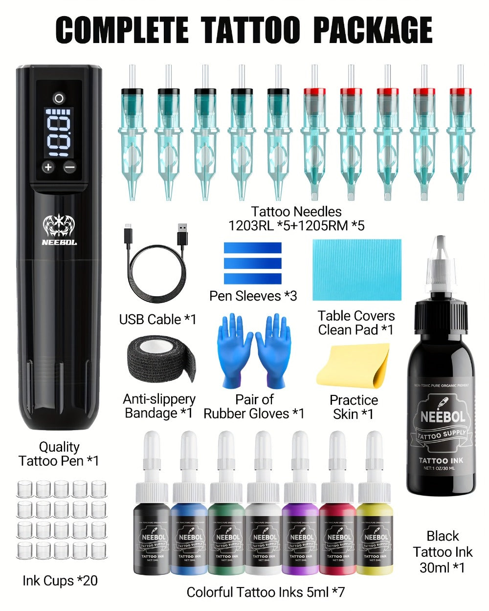 Wireless Tattoo Gun Kit – Neebol Cordless Rotary Tattoo Machine with 2000mAh Battery, 10 Cartridge Needles, 7 Inks, Green Soap & Tattoo Supplies – Portable Beginner & Artist Set