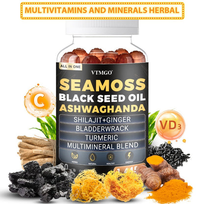 Sea Moss Gummies 1445mg with Shilajit Black Seed Oil Ashwagandha Elderberry Chlorophyll Turmeric Bladderwrack Ginger — 8-in-1 Antioxidant Superfood Supplement for Immunity Energy Gut Health & Wellness 60 Count