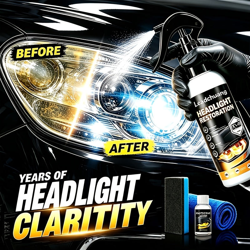 Headlight Restoration Kit With Applicator Sponge, Mild Non-Streaky Surface Care Fluid, Gentle Buffing Brightens Dull Hazy Yellow Headlight Lenses, Quick Simple Vehicle Lamp Upkeep For Daily Use