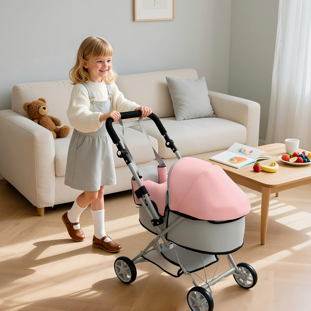 Foldable Doll Stroller with Adjustable Handle 39-68cm – Grey & Pink Baby Doll Pram for 16-20 Inch Dolls, Storage Basket & Shoulder Bag Included, Ergonomic Role-Play Gift for Girls Ages 3+