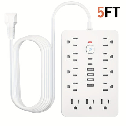 Surge Protector Power Strip 17-in-1 with 11 AC Outlets 4 USB-A 2 USB-C Ports Flat Plug Extension Cord Space-Saving Compact Design for Home Office Kitchen Desk Wall Charging Station
