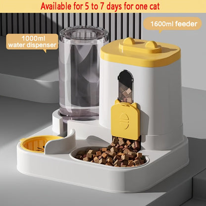 2-in-1 Cat Food and Water Dispenser - Gravity Auto Feeder Bowl Set with Quantitative Feeding, Cute Design for Cats & Small Dogs - Available with Cleaning Brush, 4 Colors