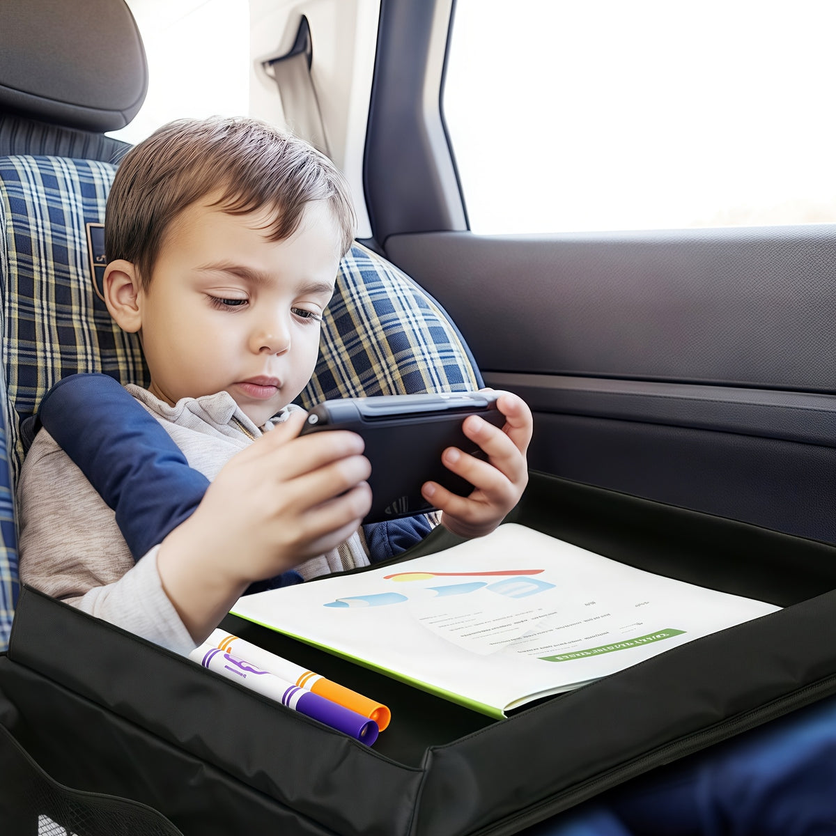 1pc Foldable And Expandable Polyester Youngsters Car Seat Travel Tray with Multiple Storage Pockets - Lightweight, Wall-Mountable Design for Airplane, Car And Home Use, Car Storage Tray | Versatile Travel Accessory | Sturdy Constructio