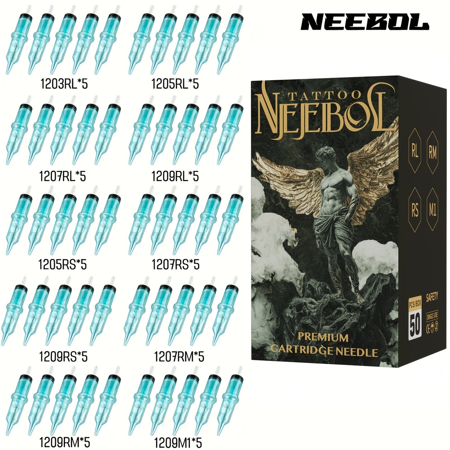 EO Sterilized Tattoo Cartridge Needles 50pcs Mixed Sizes 3RL 5RL 7RL 9RL 5RS 7RS 9RM 15RM 7M1 15M1 - Anti-Backflow Membrane Round Liner Shader Magnum for Tattoo Machine Pen & Body Art