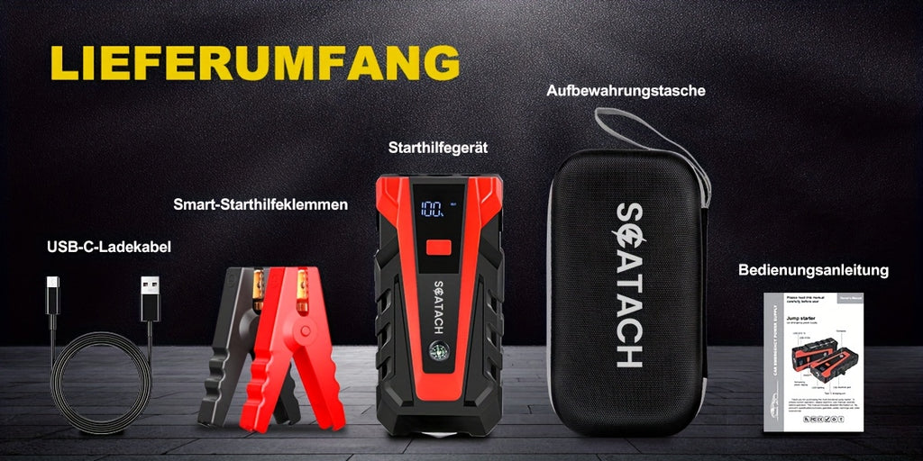 The Car Emergency Starter Power Supply Comes with A Digital Tire Pressure Gauge And Air Pump, A Window Breaker Hammer, And Is Suitable for 12V Cars, Trucks, SUV, Rvs, And Motorcycles. It Features A Multi-Functional Portable LED Display, SOS
