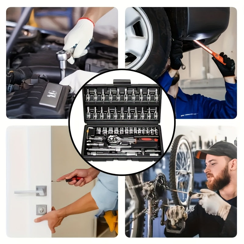High-end Professional 43+3/44+2/51+1pc Of Tools, Car/icycle Repair Mechanical Set, Including 1/2 Inch 1/4 Inch 3/8 Inch Ratchet Socket Hex Wrench And Other Car Repair Accessories Tool Set, Suitable for Car Level Car Parts Repair.