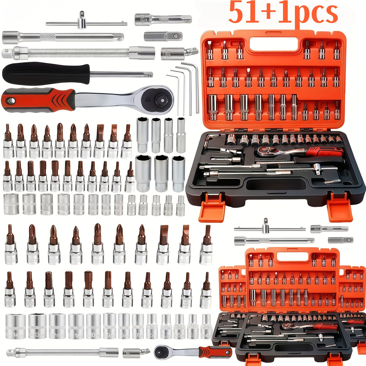 High-end Professional 43+3/44+2/51+1pc Of Tools, Car/icycle Repair Mechanical Set, Including 1/2 Inch 1/4 Inch 3/8 Inch Ratchet Socket Hex Wrench And Other Car Repair Accessories Tool Set, Suitable for Car Level Car Parts Repair.