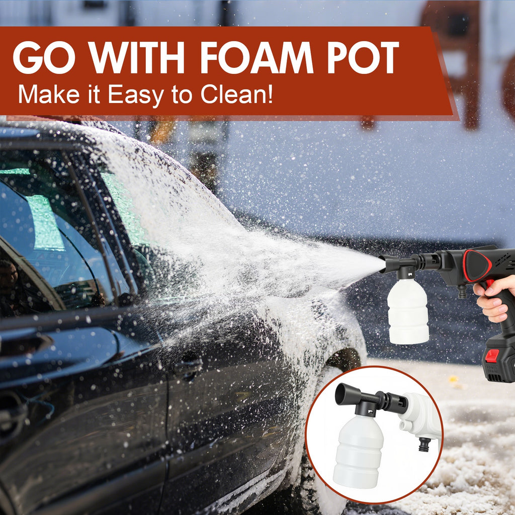 Cordless Power Washer 21V 1100PSI, High Pressure Water Gun with Pure Copper Motor, 6 Adjustable Spray Modes, 4000mAh Battery, 196.85inch Hose, Faucet & Bucket Intake, Black/Yellow, for Car Fence Garden Washing