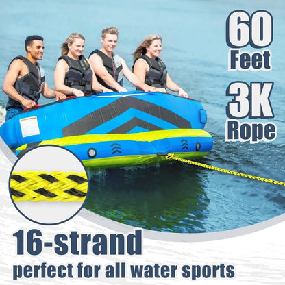 Heavy Duty Floating Tow Rope 60ft 2600lbs Breaking Strength 16-Strand UV Resistant Pre-Stretched for Towable Tubes Water Skis Wakeboards Kneeboards 1-3 Riders