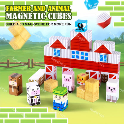 Farm Animal Magnetic Blocks 54pcs STEM Educational Toy – Farm Theme Magnetic Cubes with Animals & Farmer, Creative Learning Building Set, Birthday Easter Christmas Gift for Kids