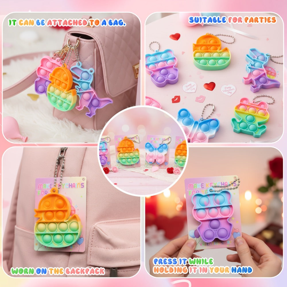 Animal Press Pop Toy Set 32/36pcs – Cute Keychain Fidget Toys for Kids, Party Favors, Classroom Rewards, Birthday Gifts, Backpack Charms, 8 Styles, Colorful Mini Animal Squeeze Poppers
