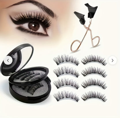 8-Pair Glue-Free Dual Magnetic False Eyelashes 3D Reusable Set — No Eyeliner Needed, Waterproof, Includes Applicator Clip, Natural Look for Daily Wear & Special Occasions