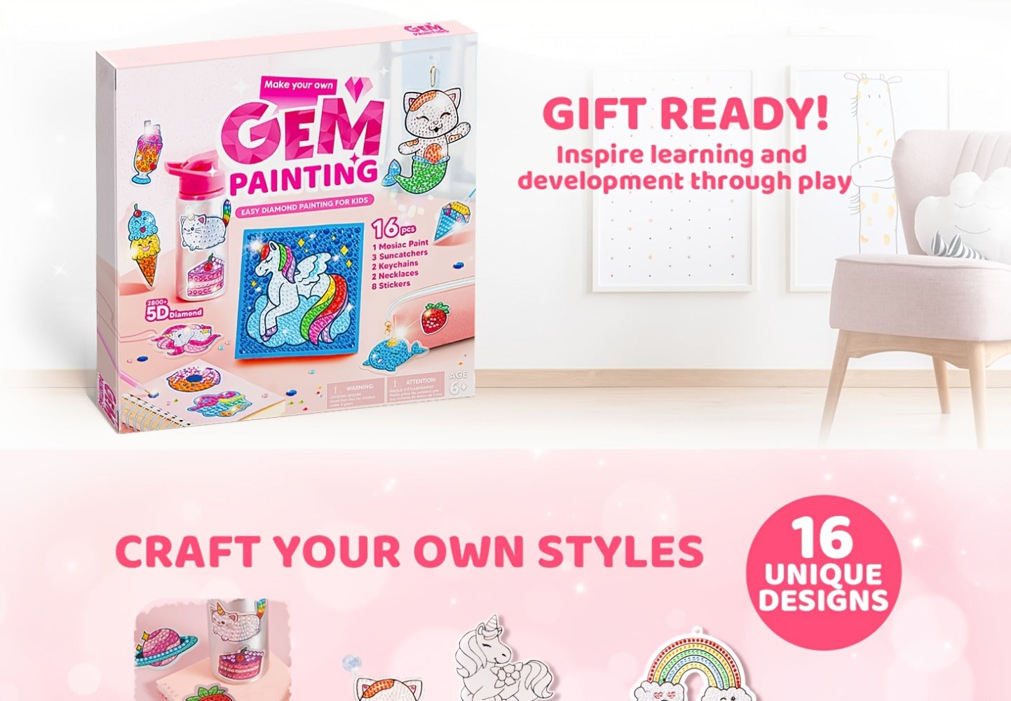 Diamond Gem Painting Kit for Girls Ages 6+ 16 Projects – 5D Gem Art Set with 2800+ Gems Unicorn Suncatchers Keychains Necklaces Stickers, All-in-One Arts Crafts Birthday Christmas Gift