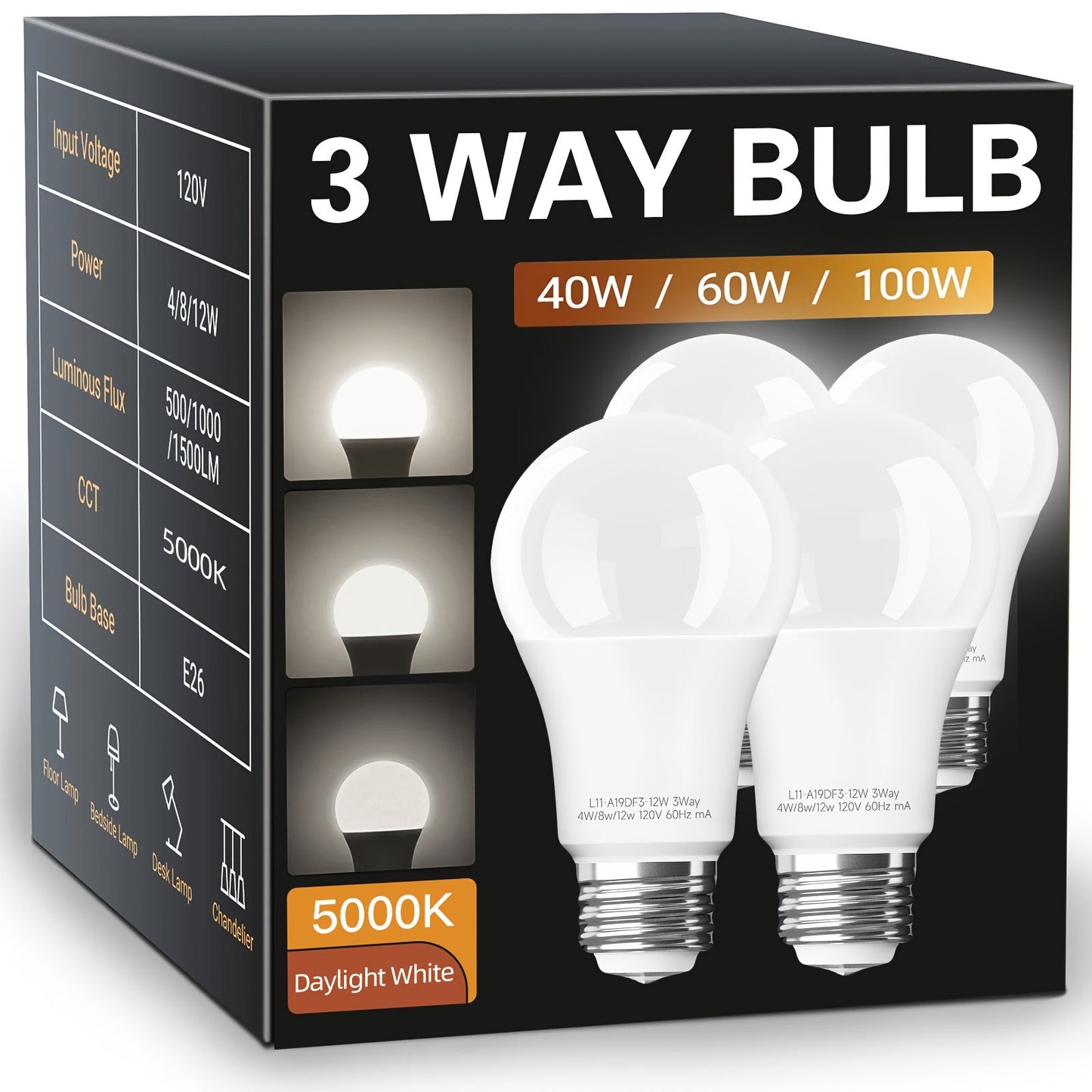 3-Way A19 Light Bulb 50 100 150W Equivalent 1500 Lumens E26 Medium Base – Warm White 2700K & Daylight 5000K Three-Way Bulb for Bedroom Living Room Study Room Floor Lamp, 4 Pack