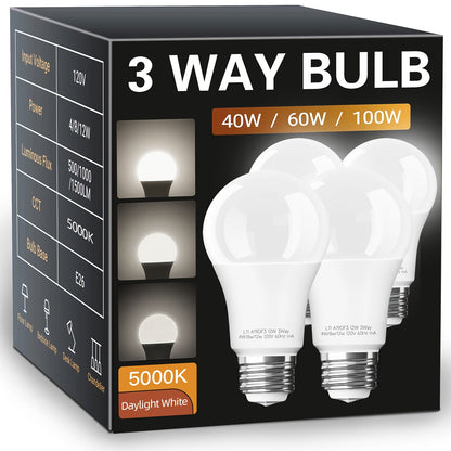 3-Way A19 Light Bulb 50 100 150W Equivalent 1500 Lumens E26 Medium Base – Warm White 2700K & Daylight 5000K Three-Way Bulb for Bedroom Living Room Study Room Floor Lamp, 4 Pack
