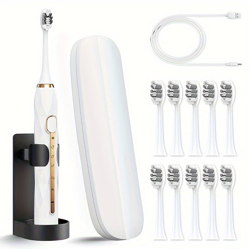 Sonic Electric Toothbrush IPX8 Waterproof USB Rechargeable with 10 Replacement Heads, Intelligent Timer, Travel Case & Charging Base – 5 Colors for Men & Women