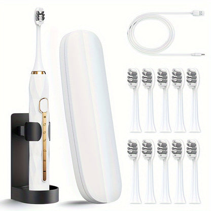 Sonic Electric Toothbrush IPX8 Waterproof USB Rechargeable with 10 Replacement Heads, Intelligent Timer, Travel Case & Charging Base – 5 Colors for Men & Women