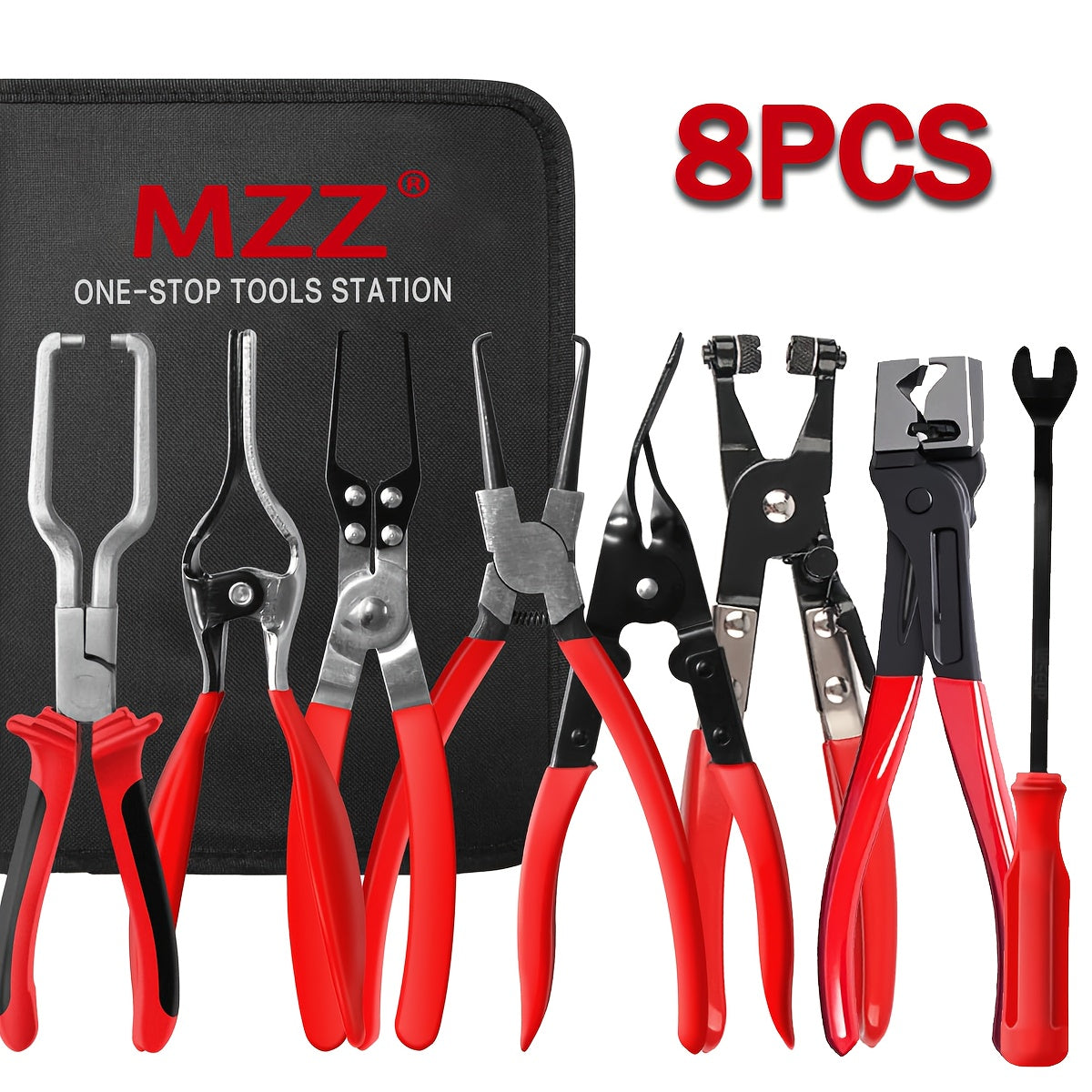 8pcs MZZ Heavy-Duty Fuel Line Pliers Set with 80° Disconnect Pliers, Caliper, Hose Clamp & Filter - Durable Steel Construction for Auto Fuel System Repair, Includes Red & Black Handles, Ideal for Professional Mechanics & DIY Enthusiasts, Automotive Repair