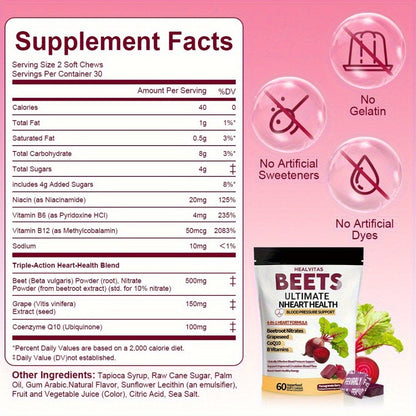Beetroot Gummies with CoQ10, Grape Seed Extract & Multivitamins — Blood Pressure Support, Heart Health, Circulation & Antioxidant Defense, Chewable Beet Root Supplement for Women & Men, 60-120 Count