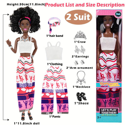 African American Fashion Doll Set 6 Pack 11.5 Inch Bohemian Curly Hair Dolls Removable Boho Outfits Headscarves Silver Necklaces Diverse Gift for Girls Kids Party Favors Birthday Christmas