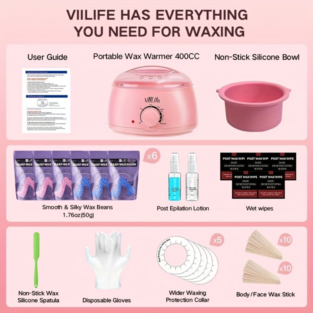 Hard Wax Warmer Kit 43 Piece Complete Home Waxing Set with Pink Hard Wax Beads - No Strip Hair Removal for Face Eyebrow Body Brazilian Bikini Underarm - Professional Wax Pot Machine for Women & Men