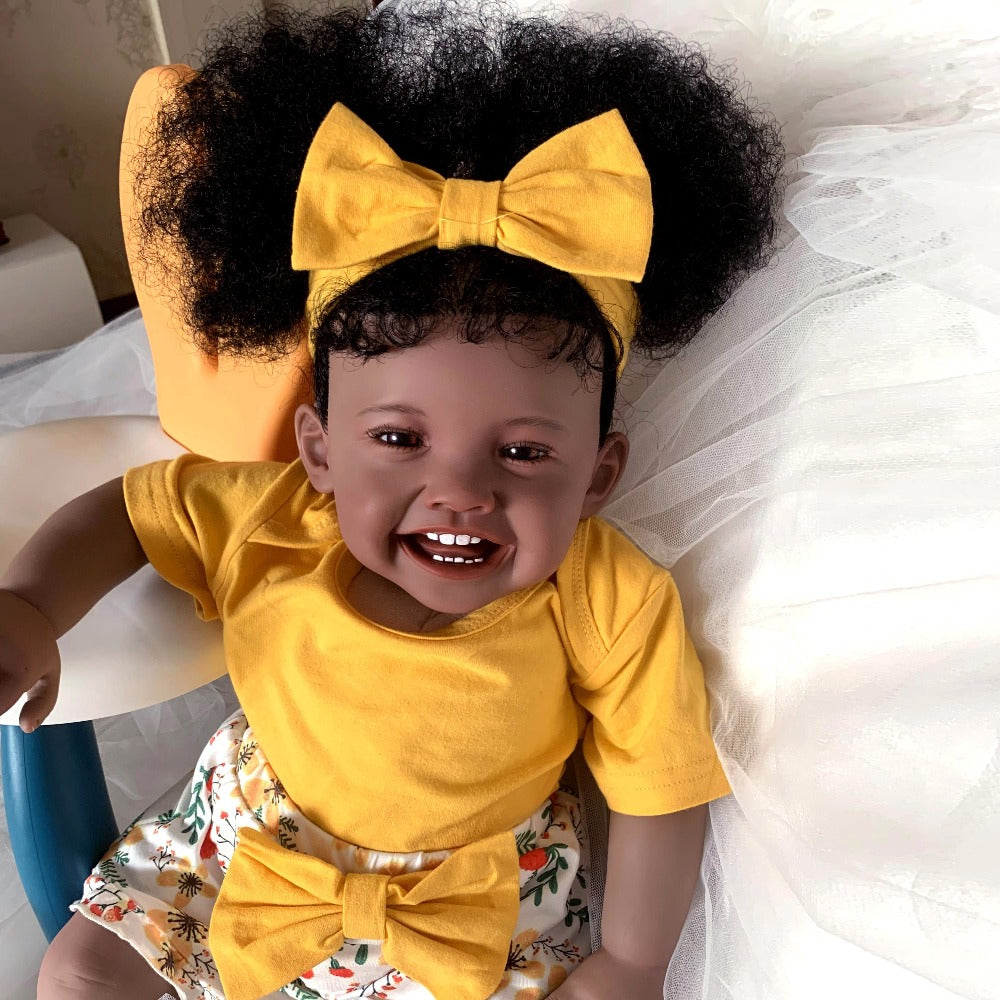 Black Reborn Baby Girl Doll 24 Inch Dark Brown Skin Soft Silicone Newborn Rooted Hair Cloth Body Magnetic Pacifier Lifelike Art Doll Gift for Kids Collectors Christmas Birthday
