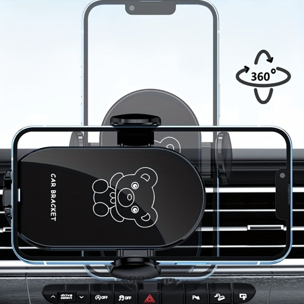 Car Air Vent Phone Holder Mount – Cute Bear Cartoon Design, Universal Cell Phone Bracket for Car Navigation, Fits iPhone Samsung Android, Adjustable Clip, Black & Yellow