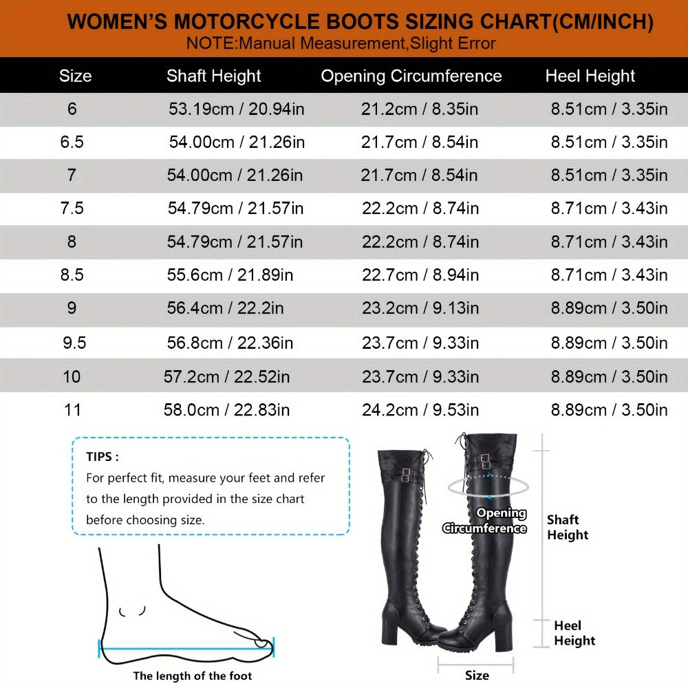 Women's Over-the-Knee Biker Boots, Faux Leather Thigh High Lace-Up Knee High Boots with Chunky Heel & Buckle, Sexy Round Toe Riding Boots in Black, US Sizes 6–10