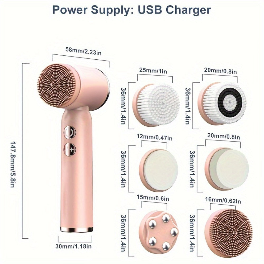 EMS Microcurrent Face Massager Skin Tightening Device V-Face Lifting Double Chin Reducer Neck Rejuvenation 6-in-1 Brush Heads 3-Speed USB Rechargeable Portable Beauty Tool for Women