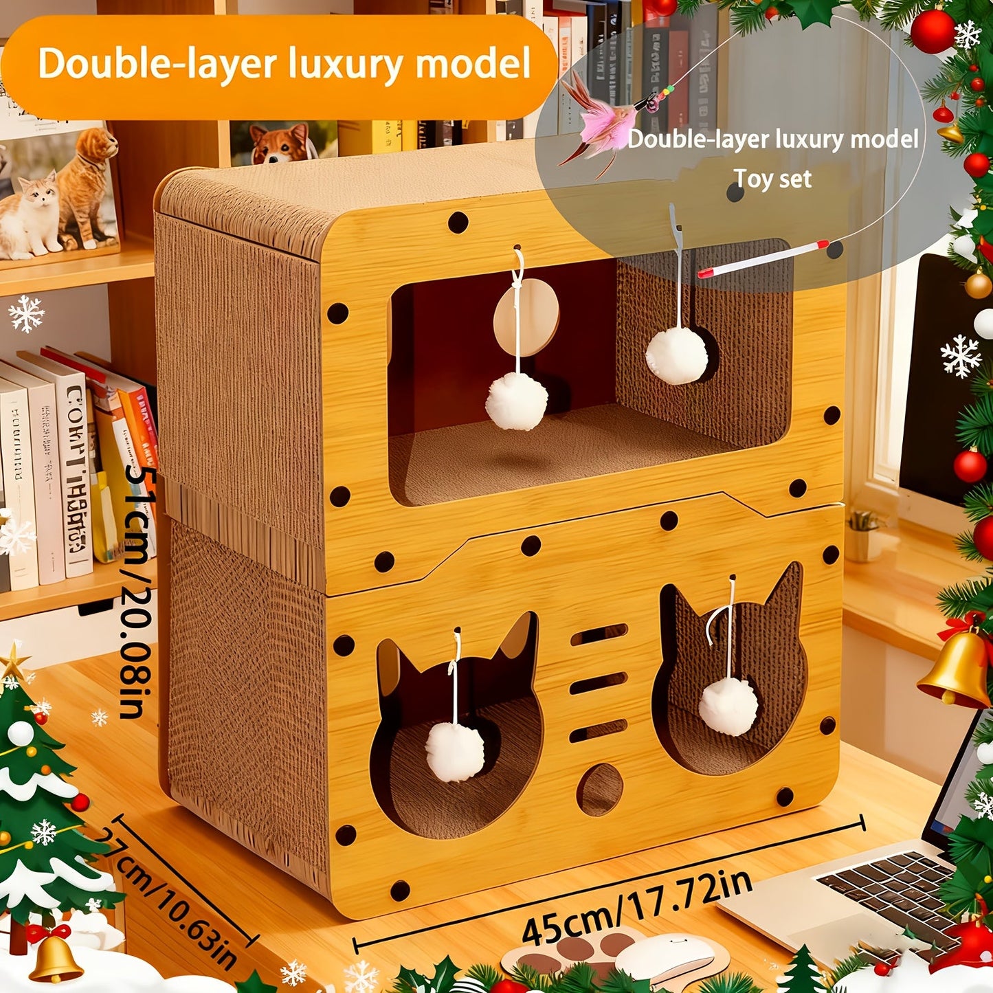 Large Cat House with Scratcher Pad & Plush Ball Toys, Ventilated Multi-Functional Indoor Outdoor Cat Shelter, Easy Assembly Single Door Double Door Luxury Double-Layer Cat Condo, Festival Gift