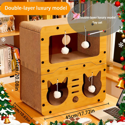 Large Cat House with Scratcher Pad & Plush Ball Toys, Ventilated Multi-Functional Indoor Outdoor Cat Shelter, Easy Assembly Single Door Double Door Luxury Double-Layer Cat Condo, Festival Gift