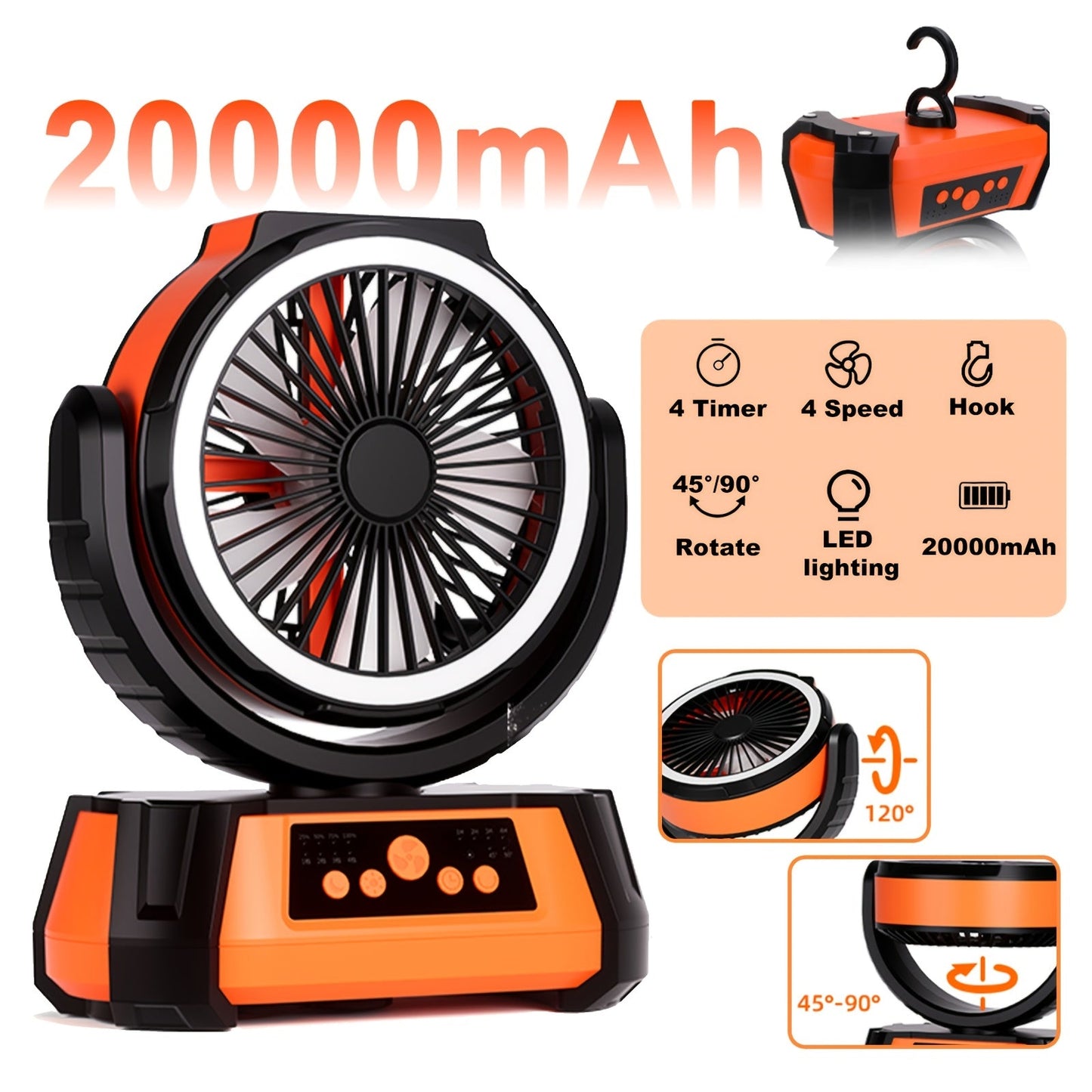 Camping Fan with LED Light 20000mAh Battery – 4-Level Brightness, Multi-Speed Rotatable Portable Tent Fan for Camping, Outdoor, Office & Home, Cooling & Lighting Combined