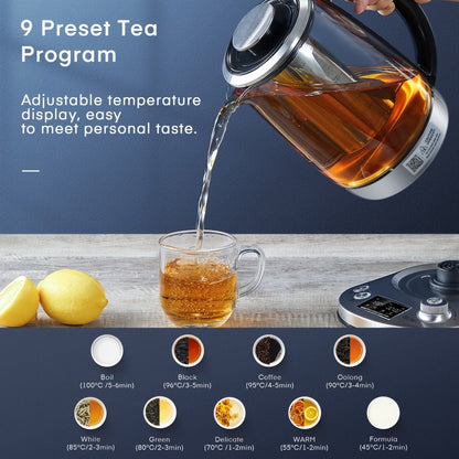 Electric Tea Kettle with 9 Temperature Control Presets – 1.7L Borosilicate Glass Kettle, 1200W, Removable Infuser, 2-Hour Keep Warm, Stainless Steel Hot Water & Tea Pot for Home & Office