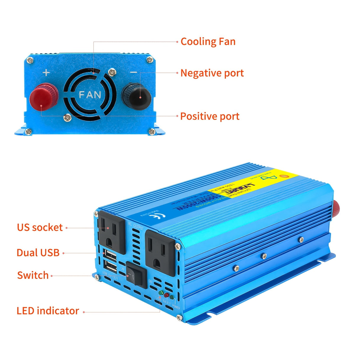 LVYUAN 6000W Pure Sine Wave Power Inverter, 1000W/2000W Pure Sine Wave Inverter, 12V to 110V AC Power Inverter with 2 US Sockets, Dual USB Ports (3.1A), for Car, Home, RV, Gift