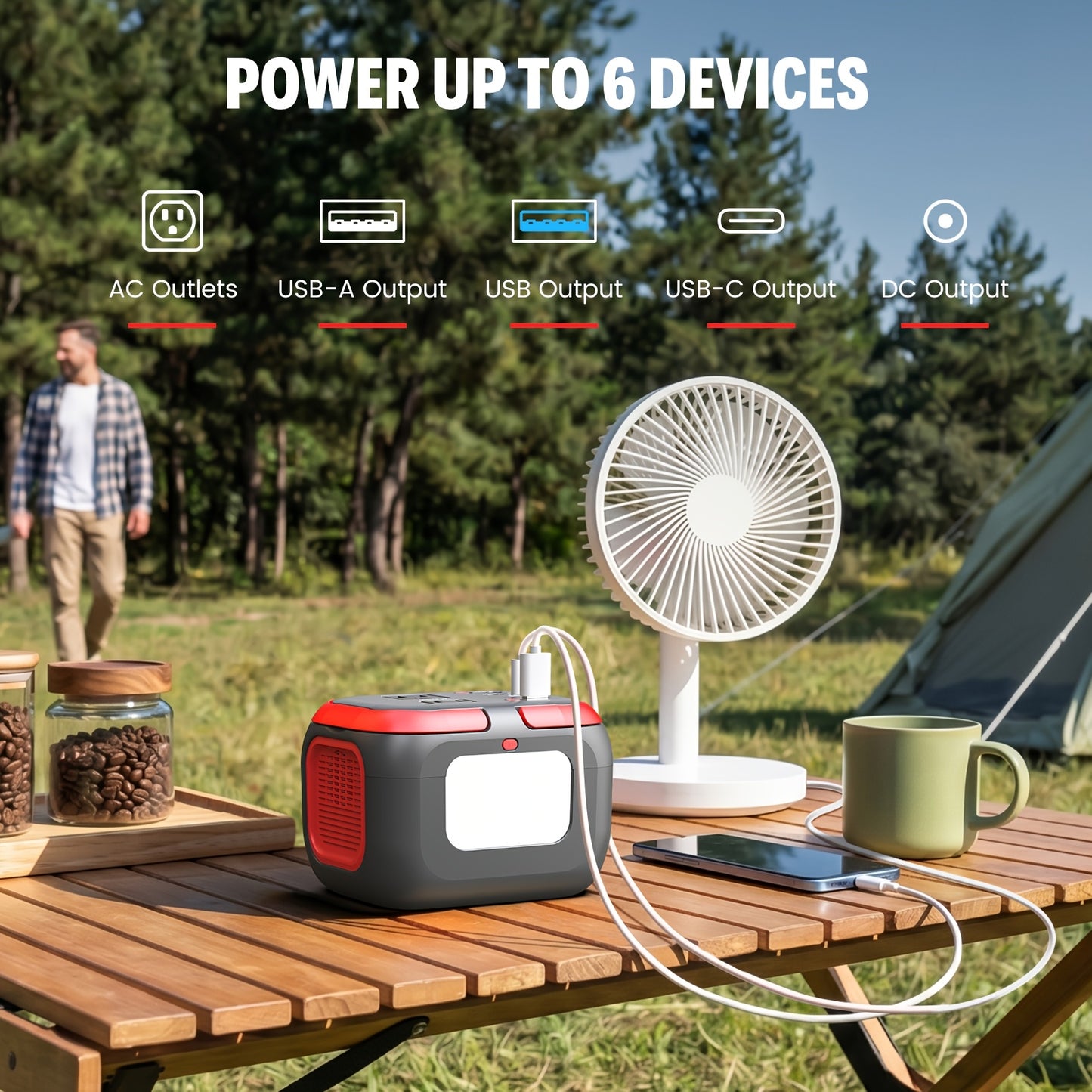 Portable Power Station 97.68Wh 120W Solar Generator – 6 Outputs AC Outlet USB-C QC3.0 DC LED Light Battery Pack for Camping RV Emergency Backup