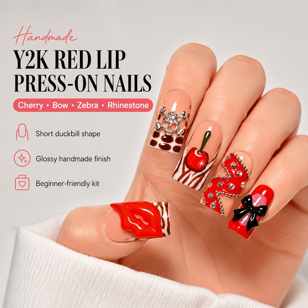 Short Duckbill Press On Nails 3D Red Lips Skull Cherry Bow Rhinestone – Zebra Stripe Polka Dot Sweet Cool Acrylic Nail Art Set for Party, Date Night & Daily Wear, 10pcs S/M/L with Tools