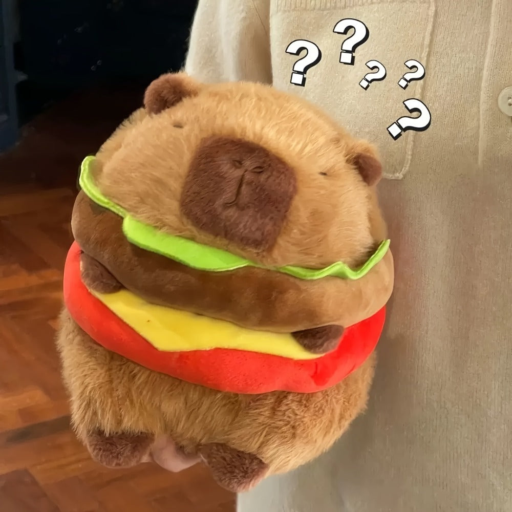 Capybara Plush Stuffed Animal Hamburger Burger Hat Funny Kawaii Soft Plush Toy Couch Pillow Doll Unique Meme Gift for Kids Teens Adults Birthday Christmas Holiday
