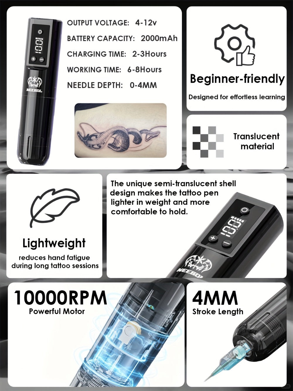 Wireless Tattoo Gun Kit – Neebol Cordless Rotary Tattoo Machine with 2000mAh Battery, 10 Cartridge Needles, 7 Inks, Green Soap & Tattoo Supplies – Portable Beginner & Artist Set
